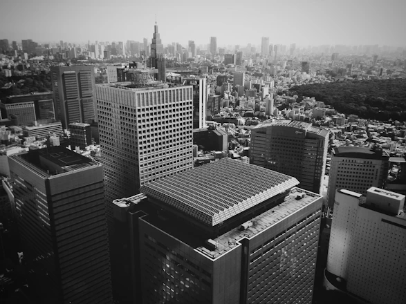 grayscale photo of city buildings