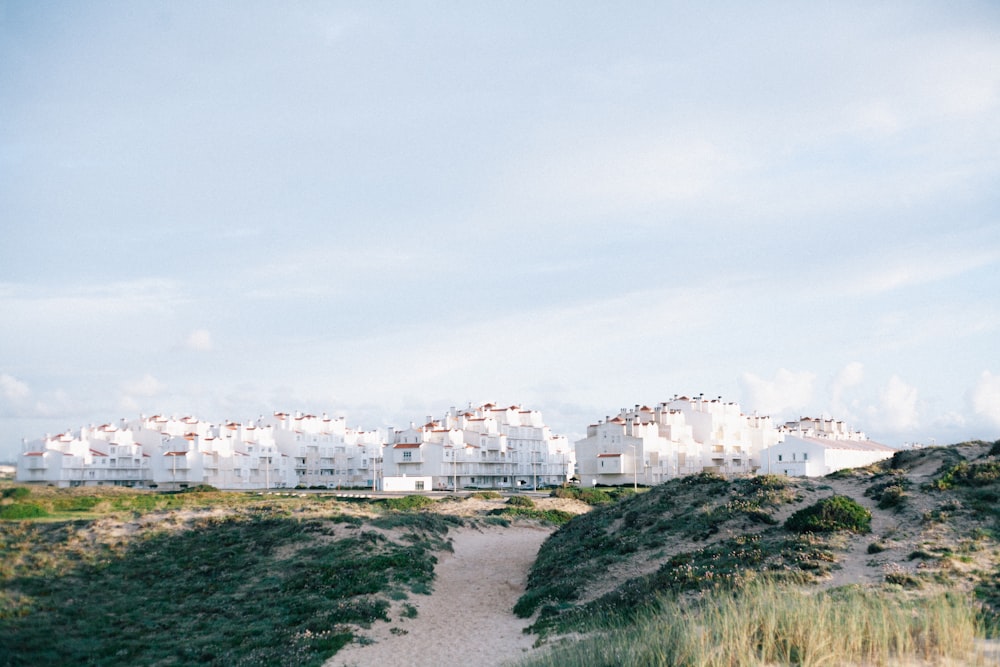 white concrete buildings on green mountain during daytime