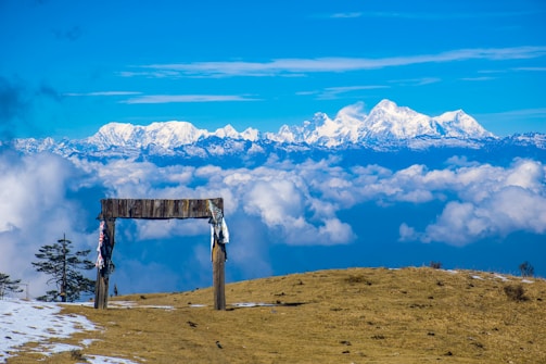 brown wooden bench on brown field under blue and white cloudy sky during daytime