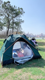 A green tent is set up on grass in a park with a clear blue sky overhead. Inside the tent, a child wearing a pink top and an adult are sitting on a blanket. Nearby, there is a baby stroller. Tall trees and a view of a city skyline in the background add to the scenic outdoor setting.