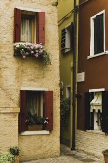 A charming street scene depicts old buildings with textured, rustic walls in earthy tones. The windows have decorative shutters, and potted flowers add a touch of color. The street sign reads 'Calle Cusin,' and cobblestones cover the ground.