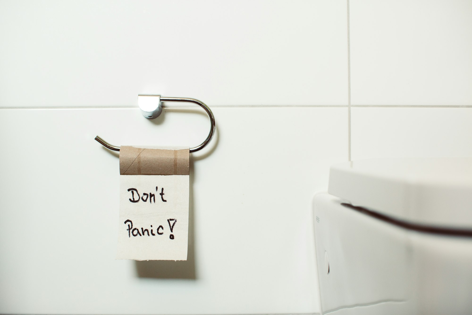 DONT' PANIC – WC toliet lavatory rest room – What the hell? Empty toilet paper? Hurry up for panic buying!