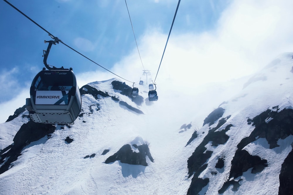 cable cars over snow covered ground under blue sky during daytime