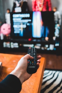 A hand holding a Samsung remote control is directed towards a television screen. The TV display is slightly out of focus, showing a streaming interface or menu. Various figures and decorations, such as toys or collectibles, are placed on the shelf in front of the TV. A wooden table and a zebra-patterned rug are also visible in the foreground.