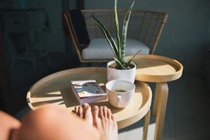 A sunlit reading nook with a soft wool throw and a sleek wooden side table holding a steaming cup of tea.