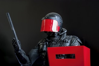man in black leather jacket wearing red helmet