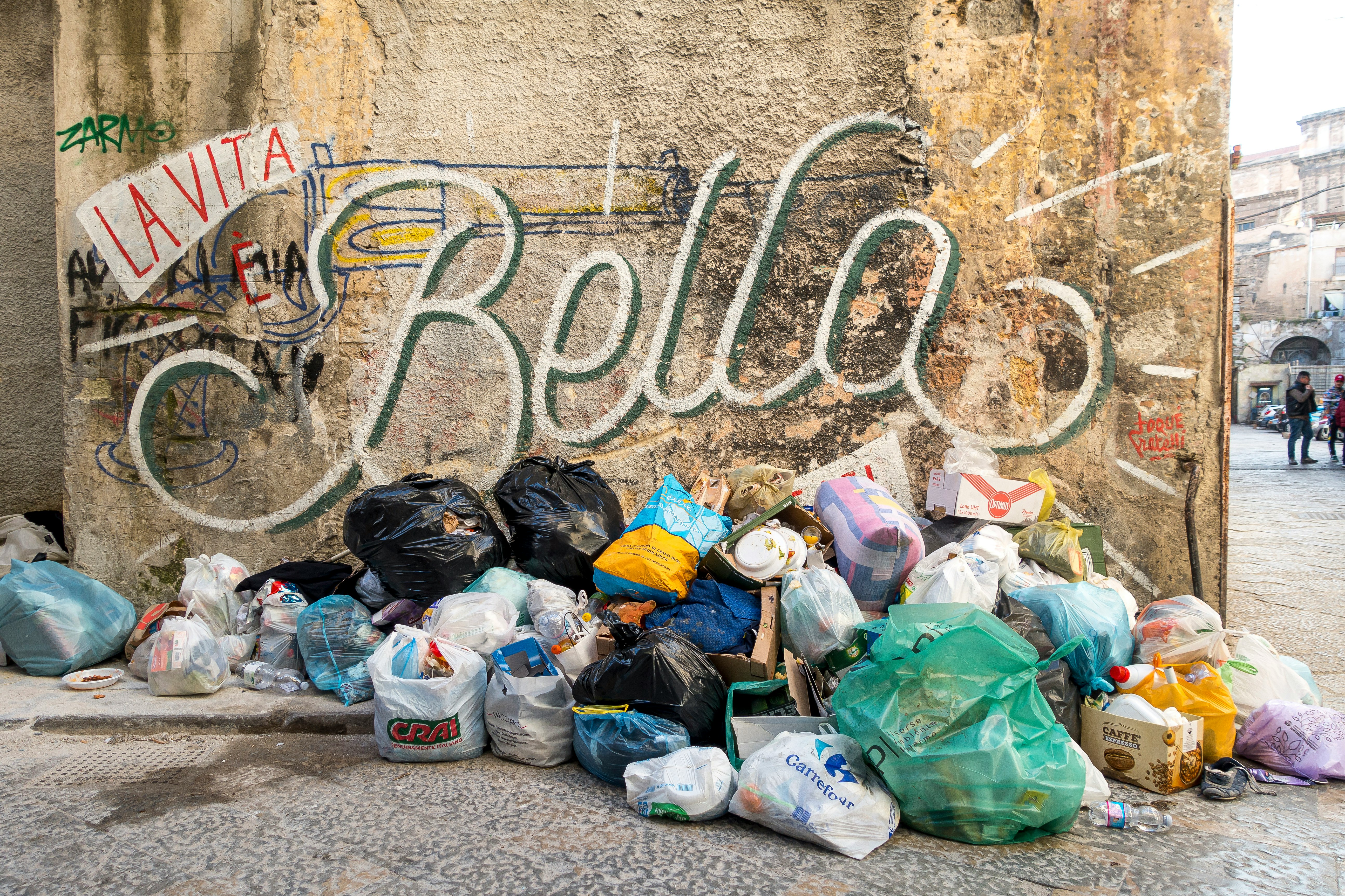 green and white plastic bags