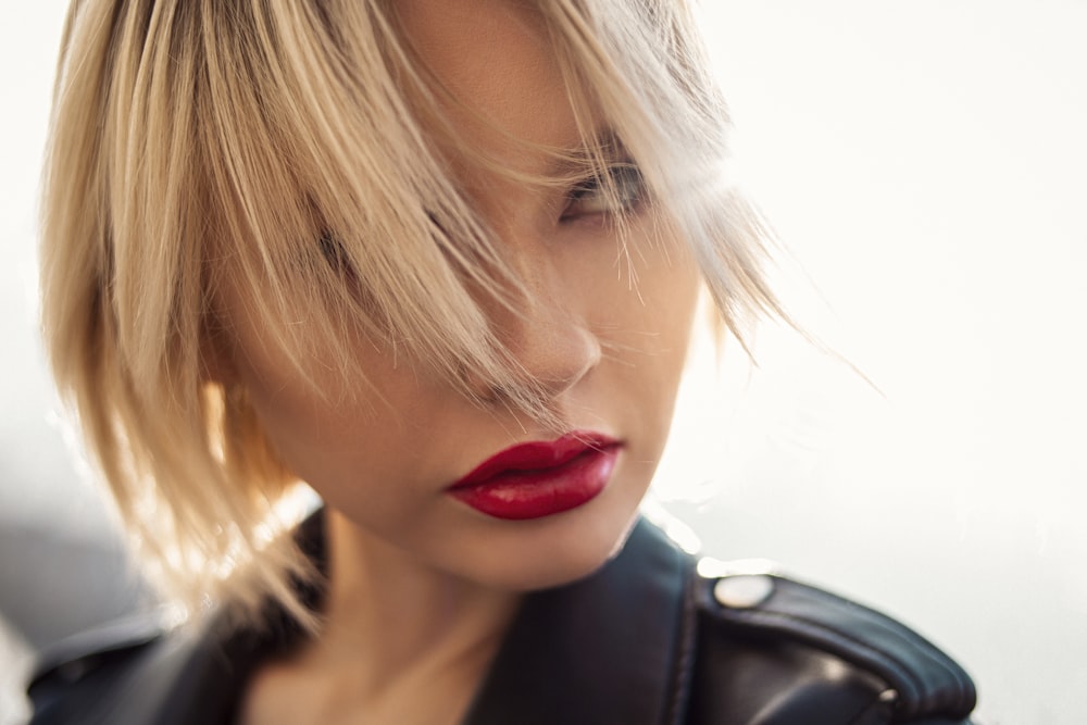 woman in black leather jacket