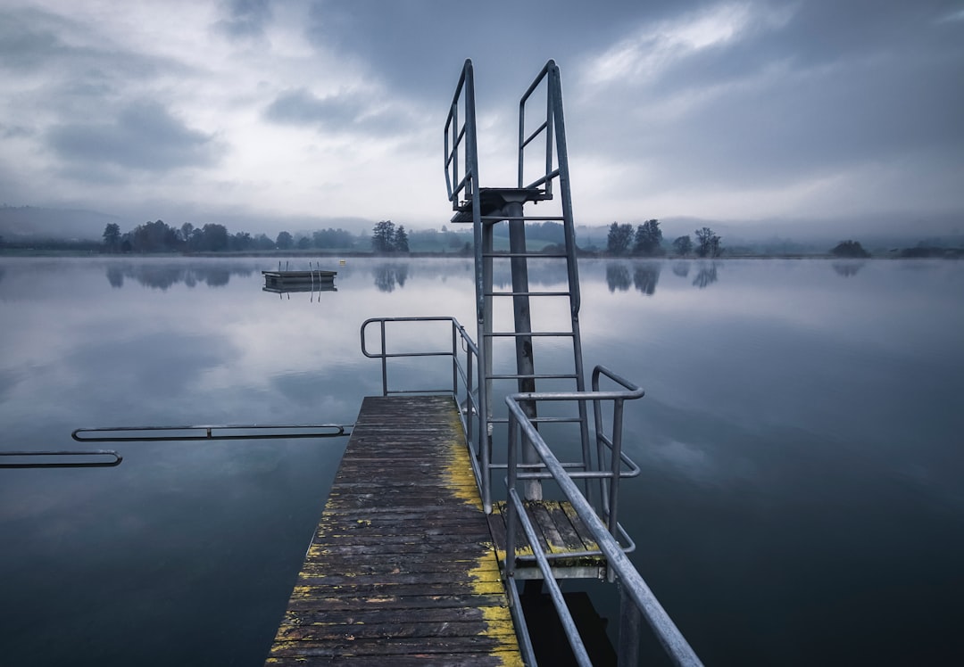 brown wooden dock on lake under cloudy sky during daytime