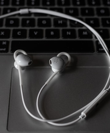 white earbuds on macbook pro