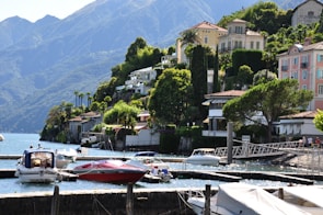 A scenic lakeside view featuring a series of luxurious houses nestled on a lush green hillside. Several boats are moored in a calm marina with clear blue water. The backdrop includes impressive mountains under a clear sky.