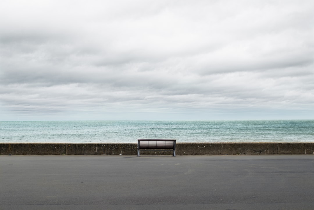 brown wooden bench on gray concrete floor near sea under white clouds during daytime
