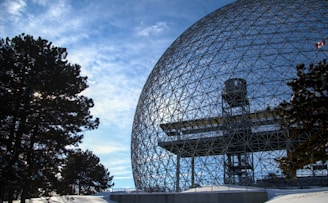 A large geodesic dome structure is prominently featured against a clear, blue sky. The intricate triangular framework of the dome towers over nearby evergreen trees, partially covered in snow. Sunlight filters through the branches, creating a serene winter scene.
