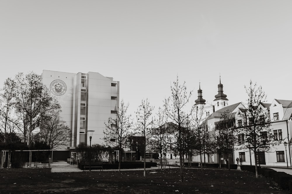 a black and white photo of a building and trees