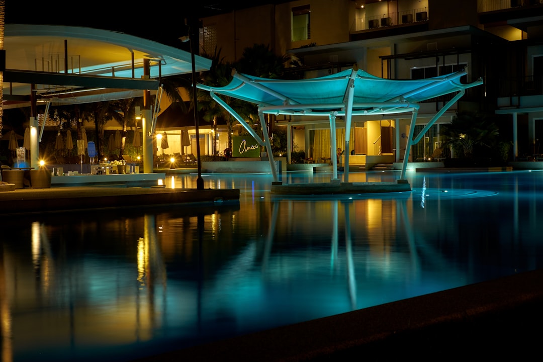 blue and white lighted building during night time