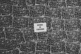 A collage of black-and-white photographs showing large groups of people, each holding up signs, fills the entire image. In the center, a white sign stands out with the text 'DÉFENSE DE S'AFFICHER' in bold lettering.