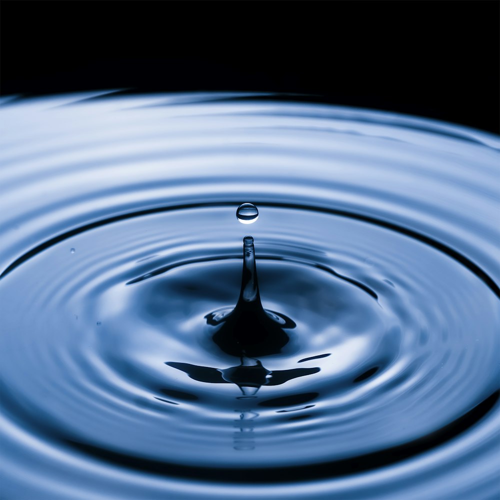 Gota de agua en el agua en la fotografía en escala de grises