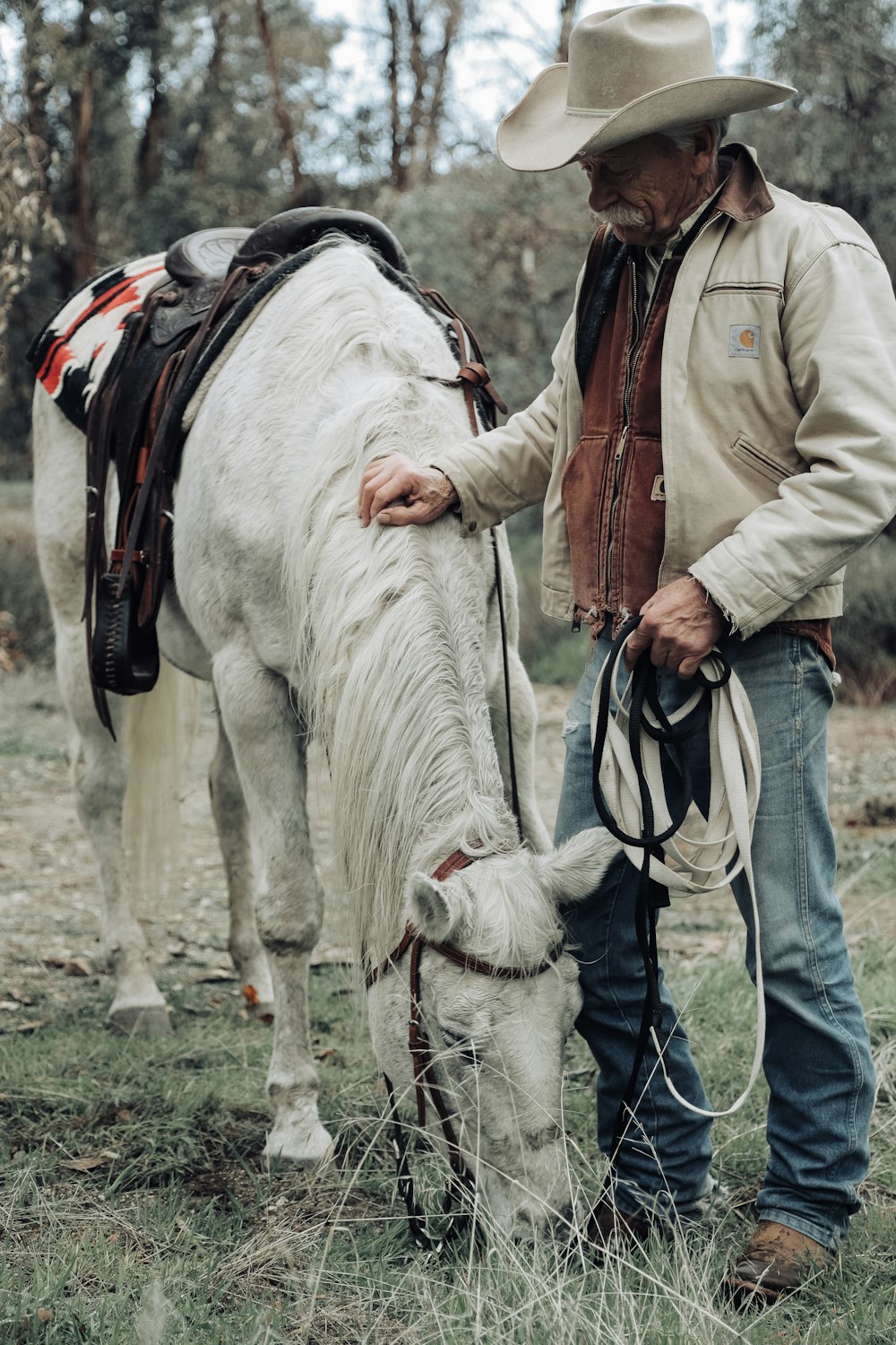 woman in brown jacket standing beside white horse during daytime