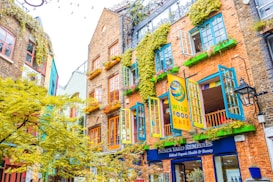 A vibrant and colorful street scene featuring a building with brick walls adorned with lush greenery and colorful window frames. Open windows in bright blue and orange welcome natural light. The building has signage for a place called 'Wild Food Cafe' and another business specializing in organic health and beauty. A tree with bright yellow-green leaves occupies the foreground, adding to the lively atmosphere.