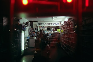 red and white store front