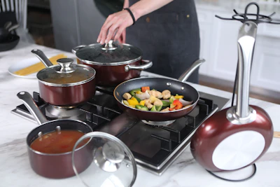 HexClad hybrid pan on stove during cooking