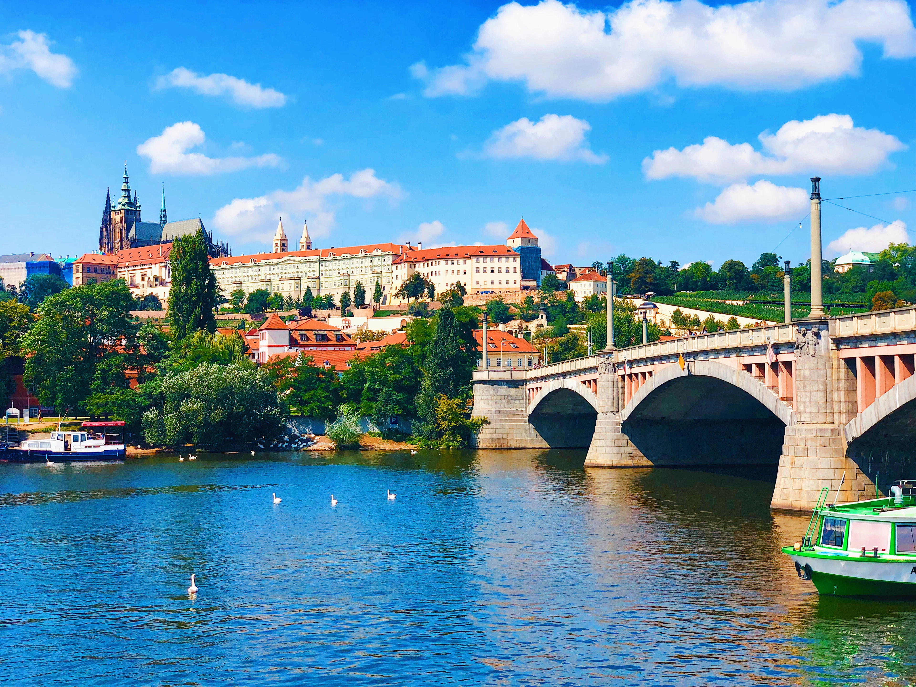 Prague Castle and St. Vitus Cathedral rise above the Vltava, seen across a stone bridge with swans on the water.