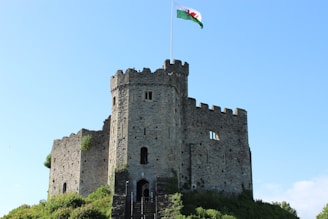 A historic stone castle with a tall tower, featuring crenellated battlements and small windows. Atop the tower, a flag with a red dragon emblem waves against a clear blue sky. Green foliage surrounds the castle, indicating a serene and natural setting.
