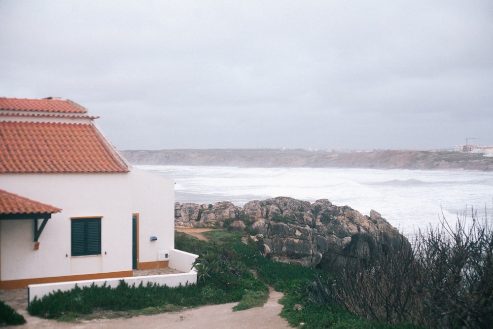 white and brown concrete house near body of water during daytime