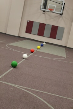 A gymnasium featuring a basketball hoop on the wall and six colorful balls aligned on the floor, including green, white, red, yellow, blue, and another white ball. The walls are padded and there is a maroon and grey padding underneath the hoop.