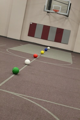 A gymnasium featuring a basketball hoop on the wall and six colorful balls aligned on the floor, including green, white, red, yellow, blue, and another white ball. The walls are padded and there is a maroon and grey padding underneath the hoop.