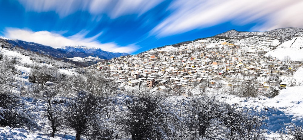 昼間は青空の下、雪に覆われた地面に白と茶色の家々が建ち並ぶ
