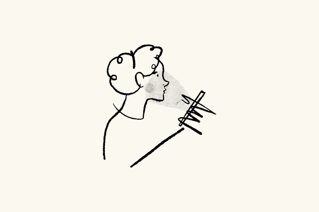 A minimalist caricature of a writer deep in thought, with subtle color accents highlighting the face.