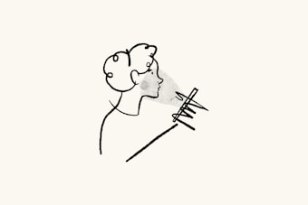 A minimalist line drawing depicting the profile of a person holding a pencil or brush. The artwork emphasizes simplicity and artistic expression, utilizing bold lines and subtle shading.
