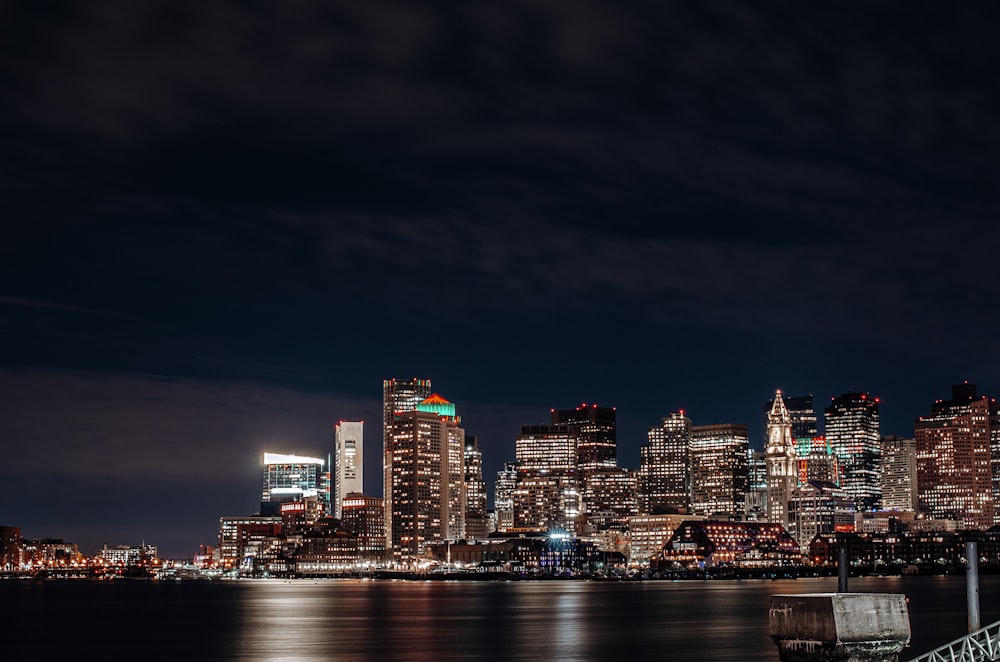 city skyline during night time