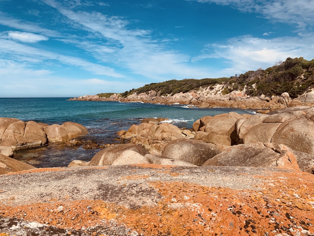 brown rocks on seashore under blue sky during daytime