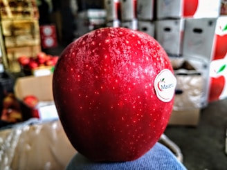 A close-up of a red apple with a sticker that reads 'Maverick', set against a background of boxes and baskets in what appears to be a market or storage area.