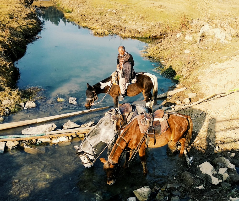 Mujer en chaqueta marrón montando caballo marrón en el río durante el día