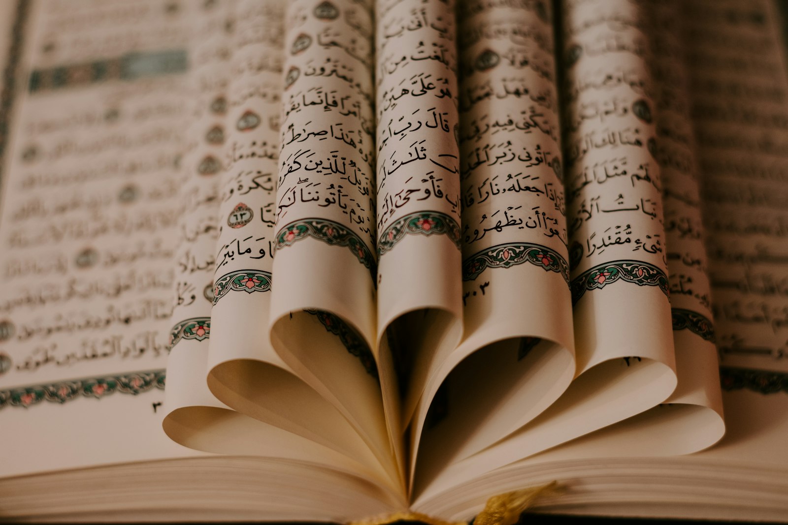 Open Quran pages with Arabic script in warm light