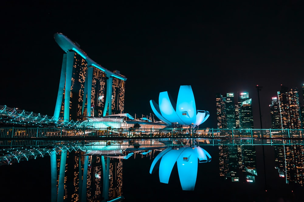 city skyline during night time