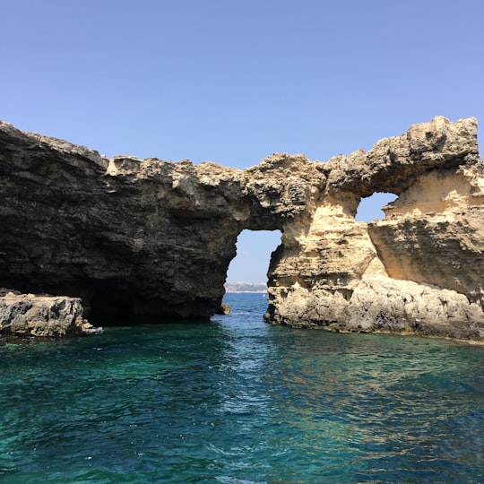 brown rock formation on blue sea under blue sky during daytime in Kemmuna Malta