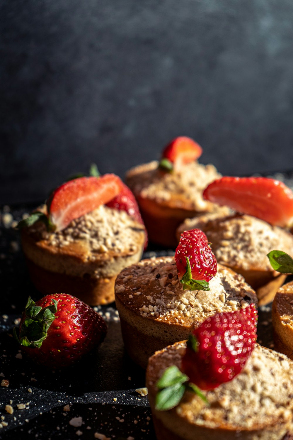 brown and white bread with strawberry on top