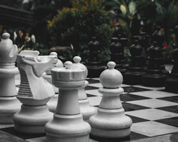 A giant outdoor chess set with large white and black chess pieces arranged on a black and white checkered board. The pieces include a knight, rook, bishop, and pawns. The background features lush green foliage and some flowers, adding to the outdoor garden setting.