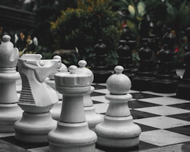 A giant outdoor chess set with large white and black chess pieces arranged on a black and white checkered board. The pieces include a knight, rook, bishop, and pawns. The background features lush green foliage and some flowers, adding to the outdoor garden setting.