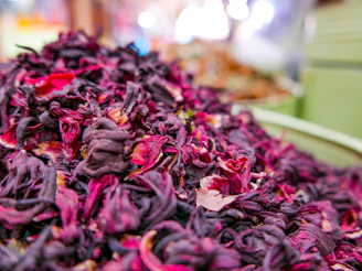red and purple dried leaves on display