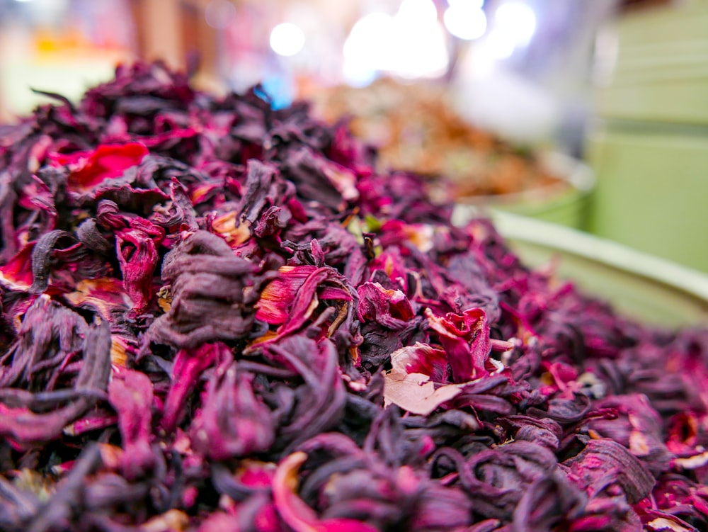 red and purple dried leaves on display