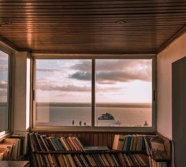 brown wooden book shelf near window