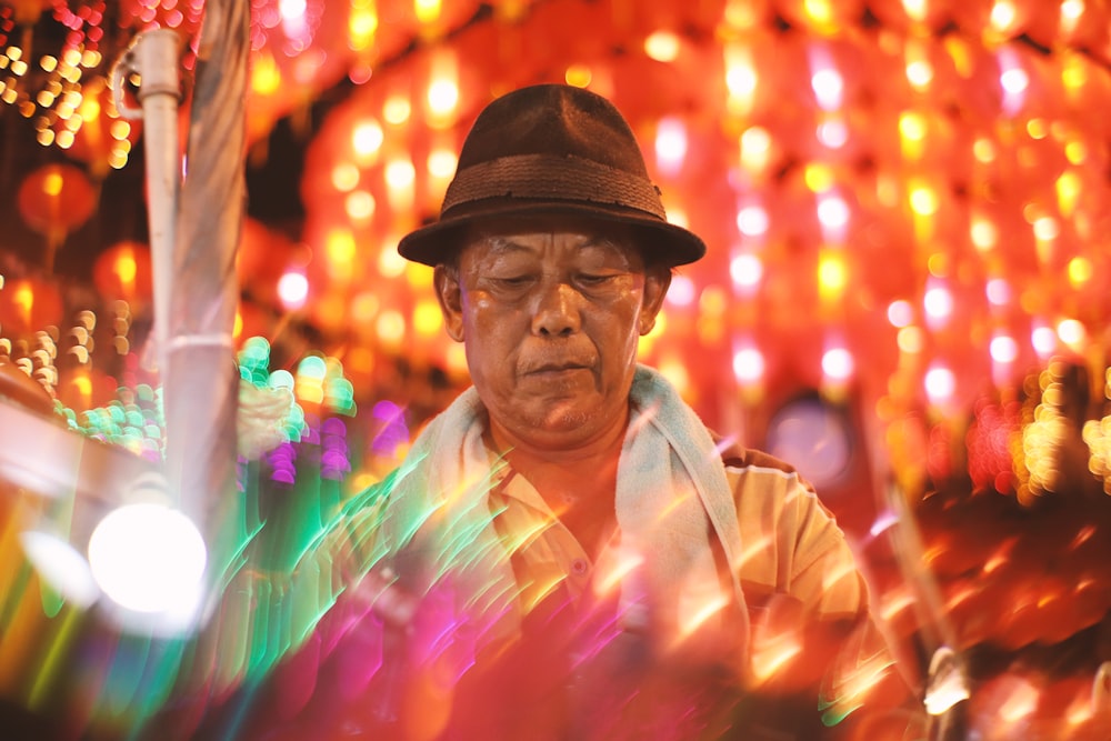 man in brown hat and white dress shirt