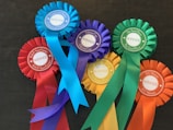 A collection of colorful award ribbons, each labeled as a winner. The ribbons are of various colors including red, blue, purple, green, yellow, and orange, arranged on a dark surface. Each ribbon is marked with different event names such as 'Conaccord Stakes' and 'The Sand Race'.
