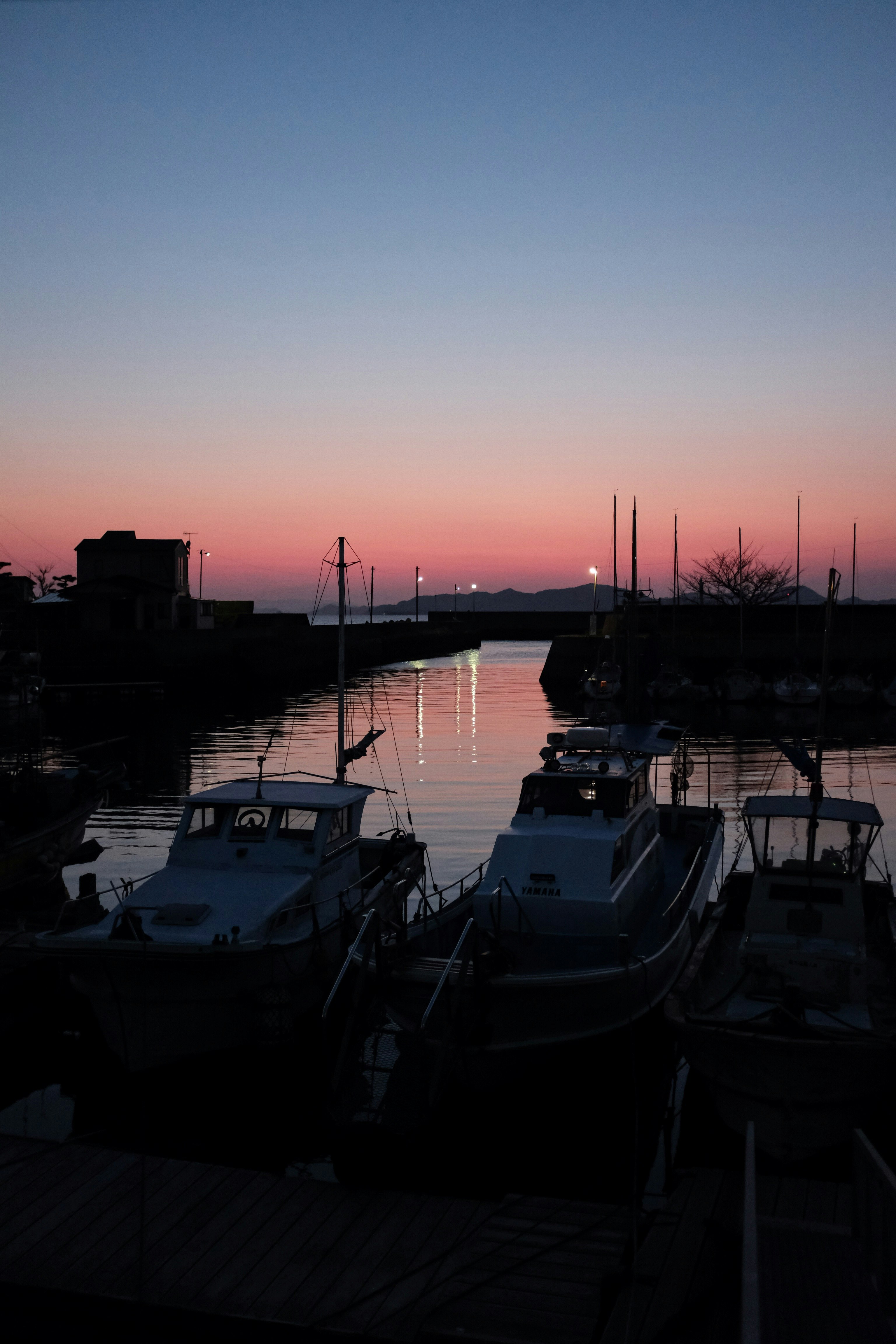 white and blue boat on dock during sunset