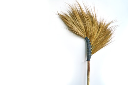 A hand broom made from natural materials, with a fan shape consisting of straw-like bristles. The bristles are tightly bound by a blue fabric wrap near the handle, which is made of wood. The background is a plain white surface.